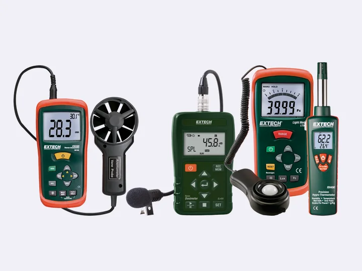 Extech AN100 anemometer, SL400 sound meter, LT300 light meter and RH490 hygro-thermometer